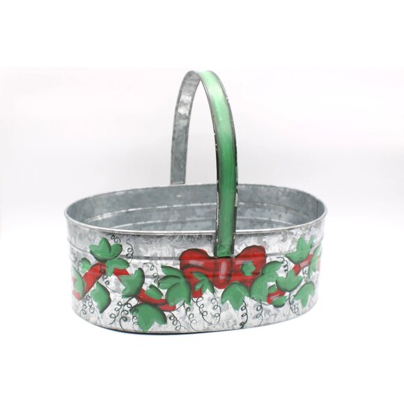 Enchanted Holiday Other - Hand-Painted Galvanized Tin Basket Handle Red Green Floral Design Decor Vintage